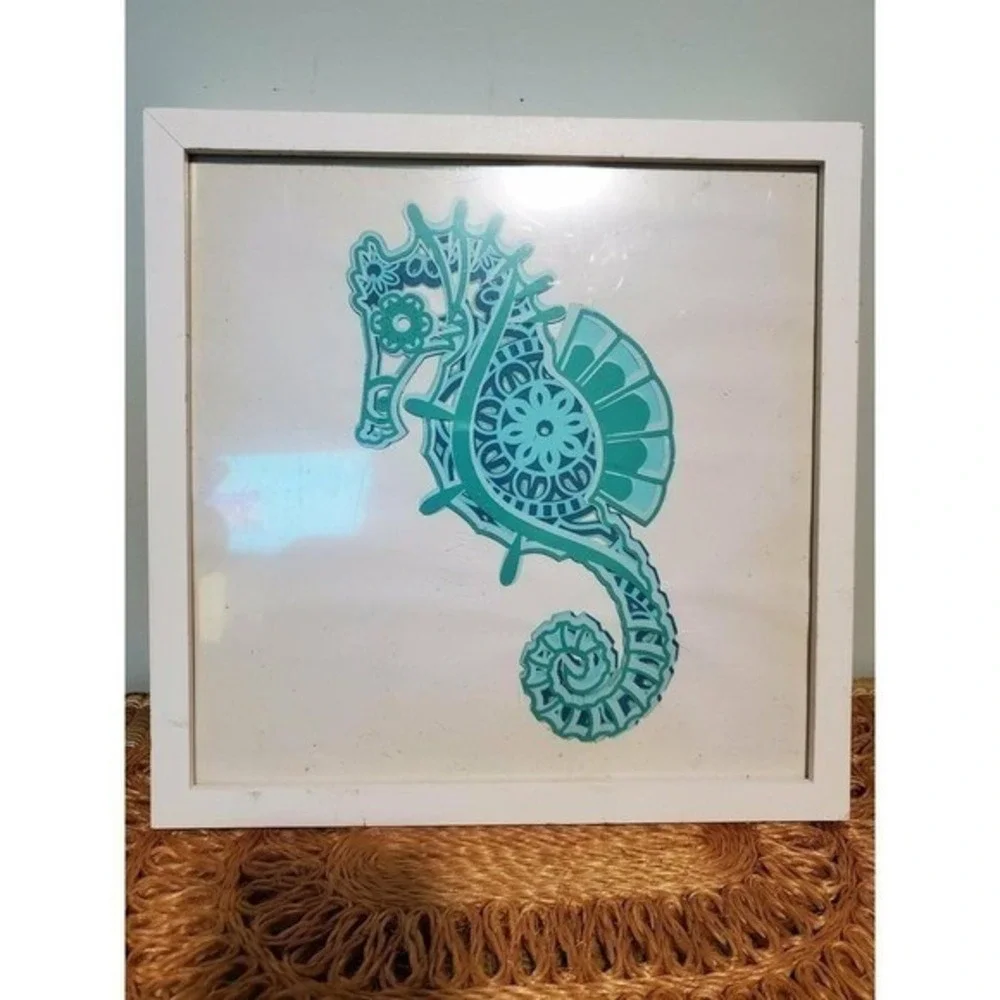 Coastal Sea Life Art Set of 3 Framed Dolphin Turtle Seahorse Teal Beach Decor